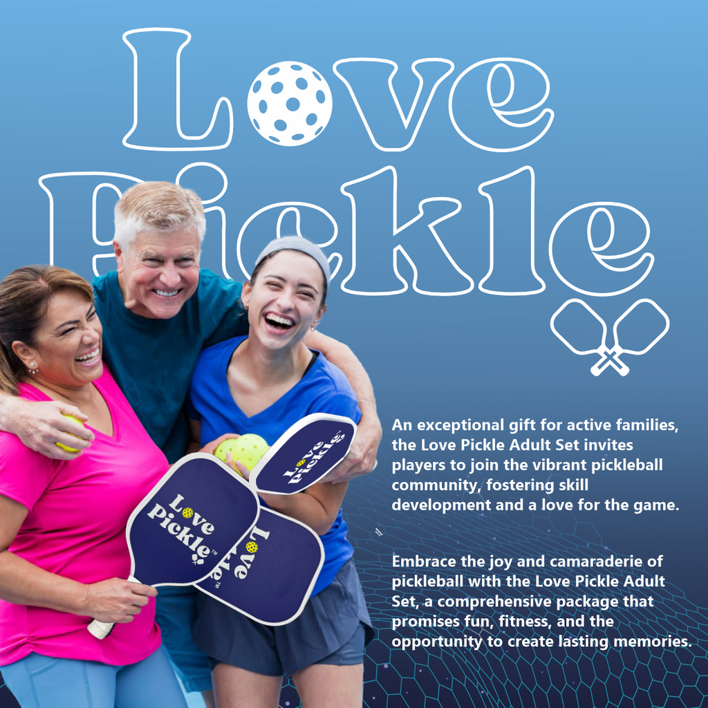 Love Pickle Adult Pickleball Paddles and balls with a happy family holding them